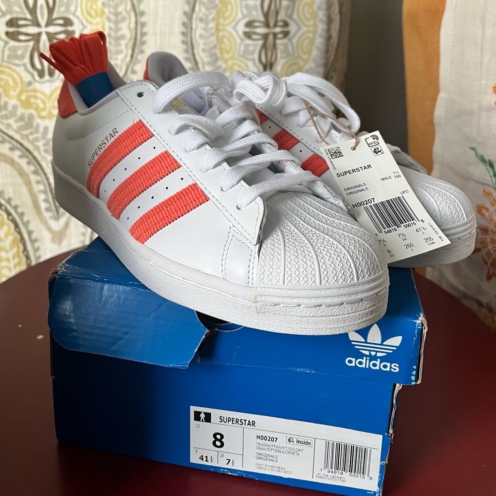 Adidas Superstar White and Red Athletic Shoes